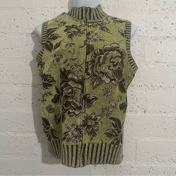 Christopher & Banks Womens Full Zip Sweater M Green Sleeveless Floral Tapestry O - Picture 1 of 5